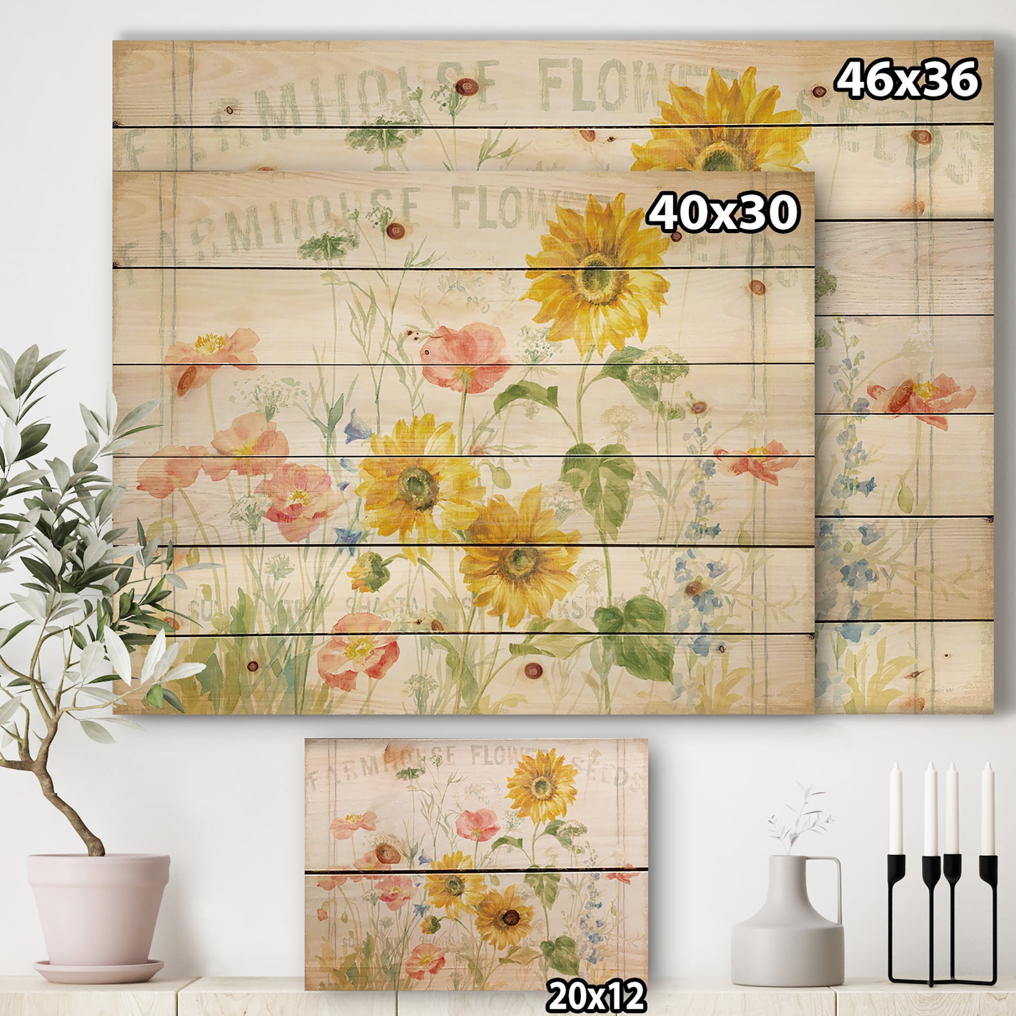 Designart 'Floursack Florals I' Floral & Botanical Print on Natural Pine Wood