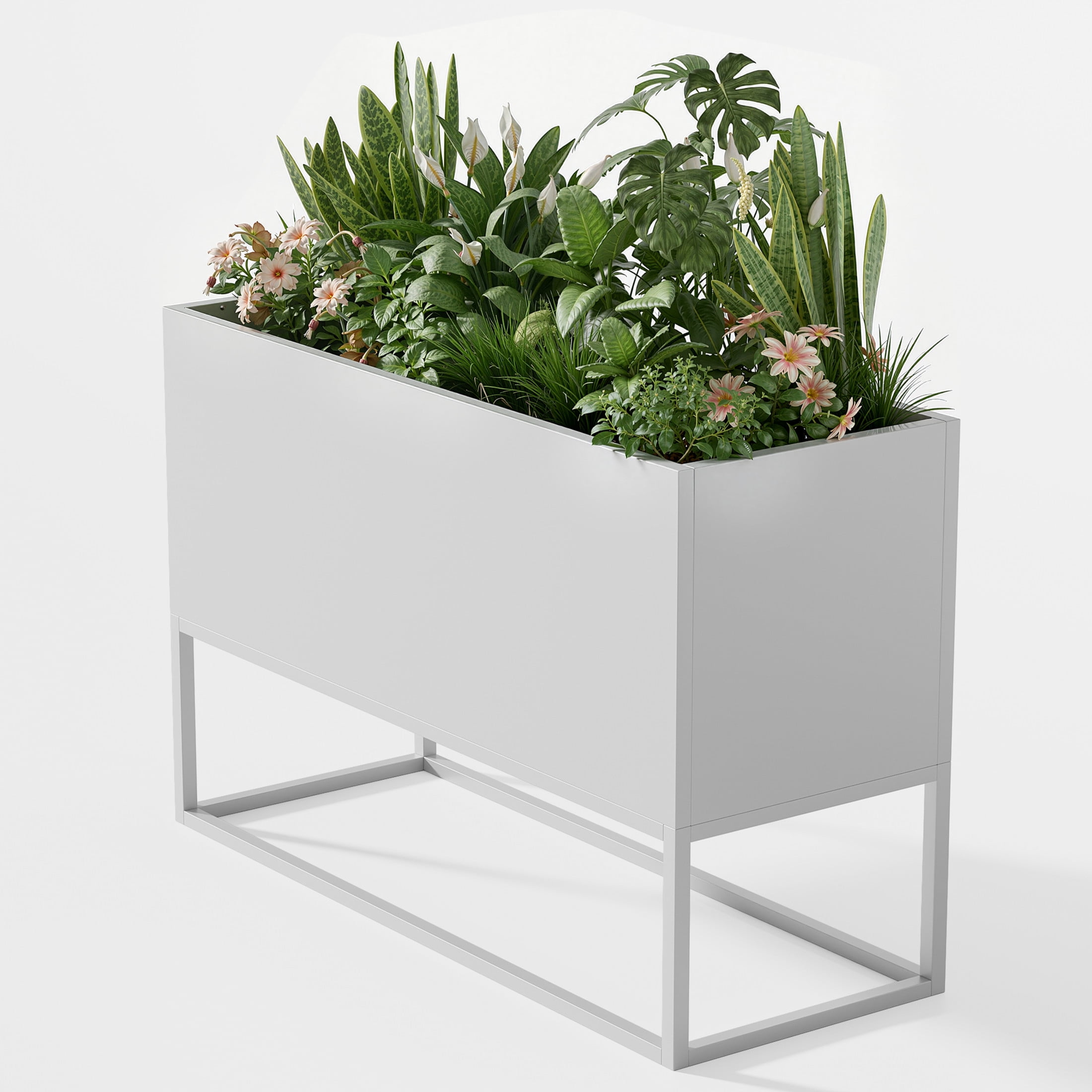 Noble House Minimalist 47“ Rectangular Planter, Raised Base, Drainage Holes, Indoor/Outdoor, White