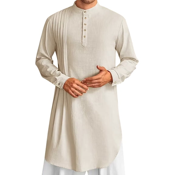 TBWNWG Men's Linen Long Sleeve Kaftan Thobe Traditional Robe Elegant Casual Gown Shirt,Sizes S