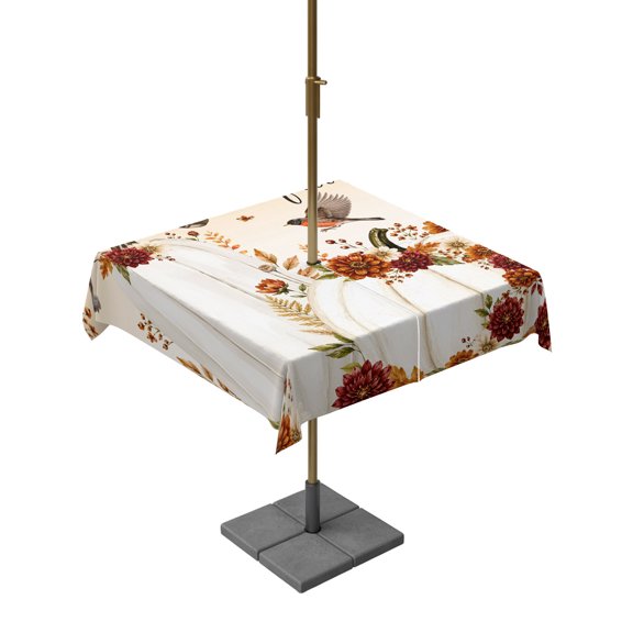 Outdoor Tablecloth with Umbrella Hole, Happy Fall Thanksgiving Pumpkin Zippered Table Cloth for Rectangle Tables, Rustic Flower Leaves Bird Washable Waterproof Tablecloths for Picnic Patio Garden