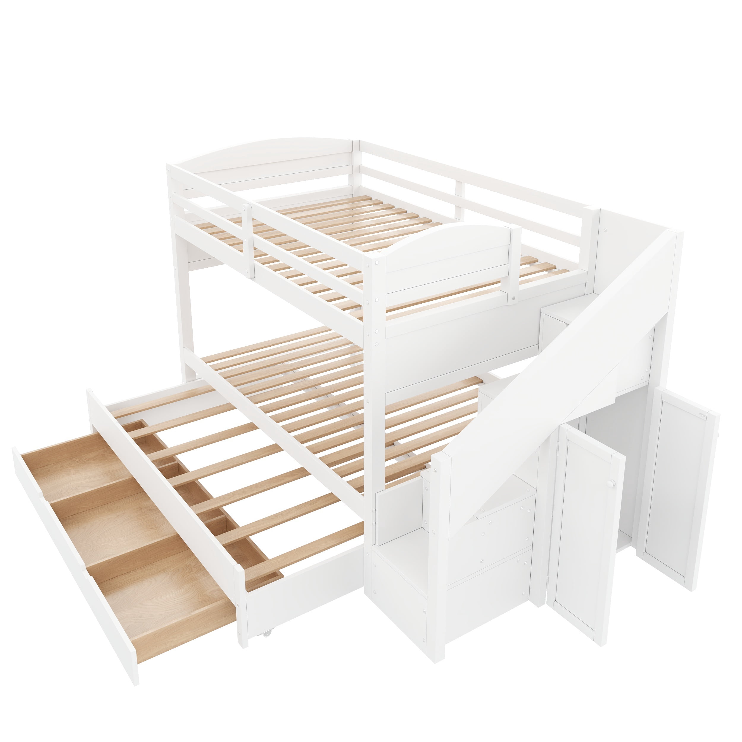 Euroco Wood Twin XL over Twin XL Bunk Bed with Trundle and Drawers,Storage Staircase and Wardrobe, White