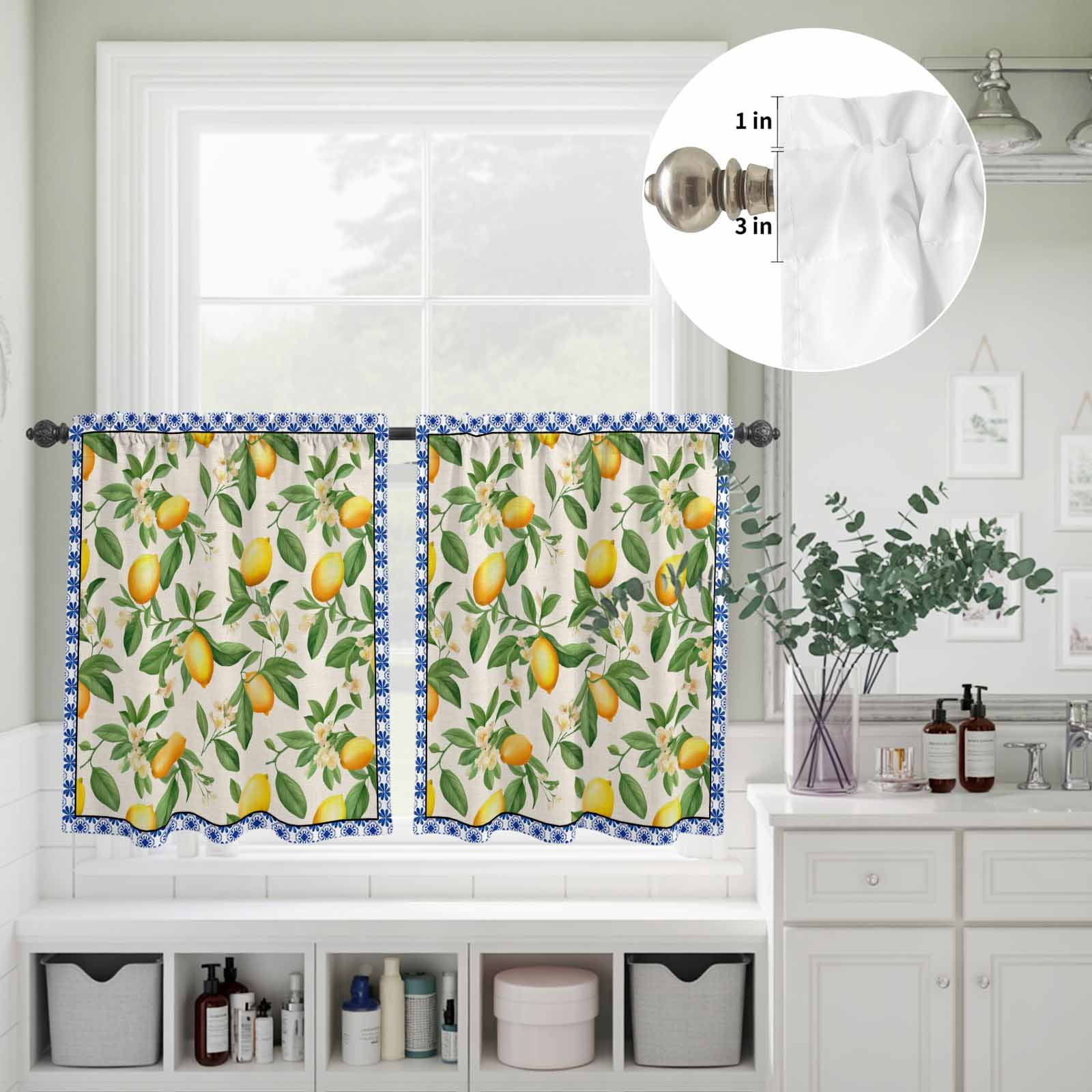 Lemon with Kitchen Curtains Valances 3 Piece Set, Leaves Blue Floral Pattern Linen Style Rod Pocket Tier Curtain and Valance Drapes for Small Window 36 Inch Length for Bedroom Cafe
