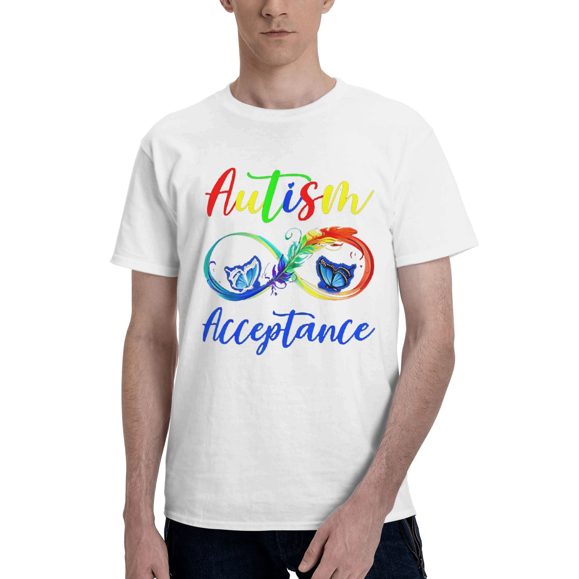 Autisme - Rouge au Lieu de l'Infini - Acceptation Papillon T-Shirt Basique à Manches Courtes pour Hommes Blanc 3TG