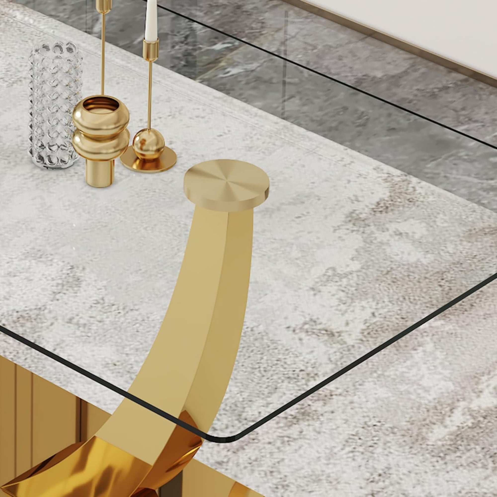 SUDICA 63 in Glass Dining Table, Rectangular Clear Tempered Top with Gold U-Shaped Base for Home Dining Room Office