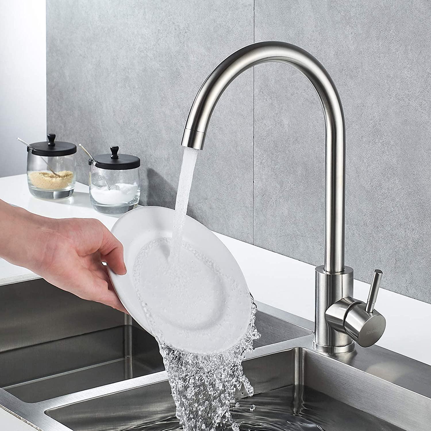 Single Handle High Arc Brushed Nickel Kitchen Faucet Stainless Steel Commercial Single Hole Kitchen Sink Faucet, Modern One Hole Bar Sink Faucet with Deck Plate