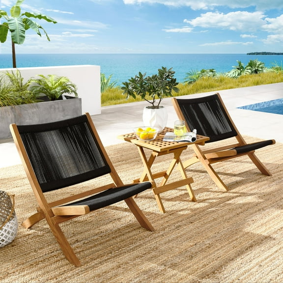 Modway Vienna 3-Piece Outdoor Patio Teak and Rope Folding Lounge Chairs and Side Table in Natural Black