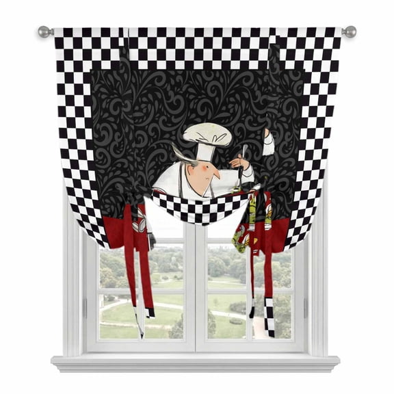 Red Black Chef Tie Up Curtains for Windows, Adjustable Balloon Window Shades, Cartoon Cute Watercolor Cooking Plaid Kitchen Window Treatments Adjustable Roll Up Curtain for Basement/Nursery 52"x45"