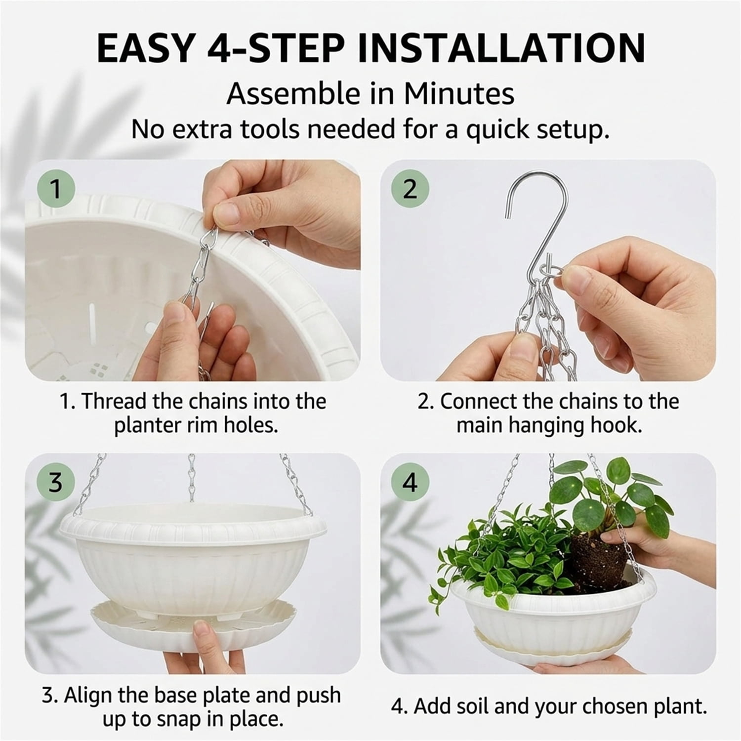 Artrylin 2 Pack Large Hanging Planters 11in Plastic Plant Pots with Drainage Holes & Trays for Indoor Outdoor Garden Wall Window Decor (White)