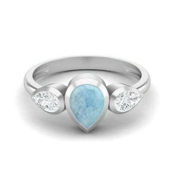 Mooneye 1.25 Cts Bezel set Pear Larimar 925 Sterling Silver Three Stone Women Mother's Day Gift Ring