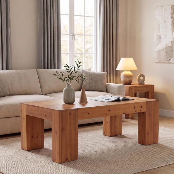 Finmind 55" Solid Wood Coffee Table, Modern Farmhouse Rectangle Center Table for Living Room, Dark Brown