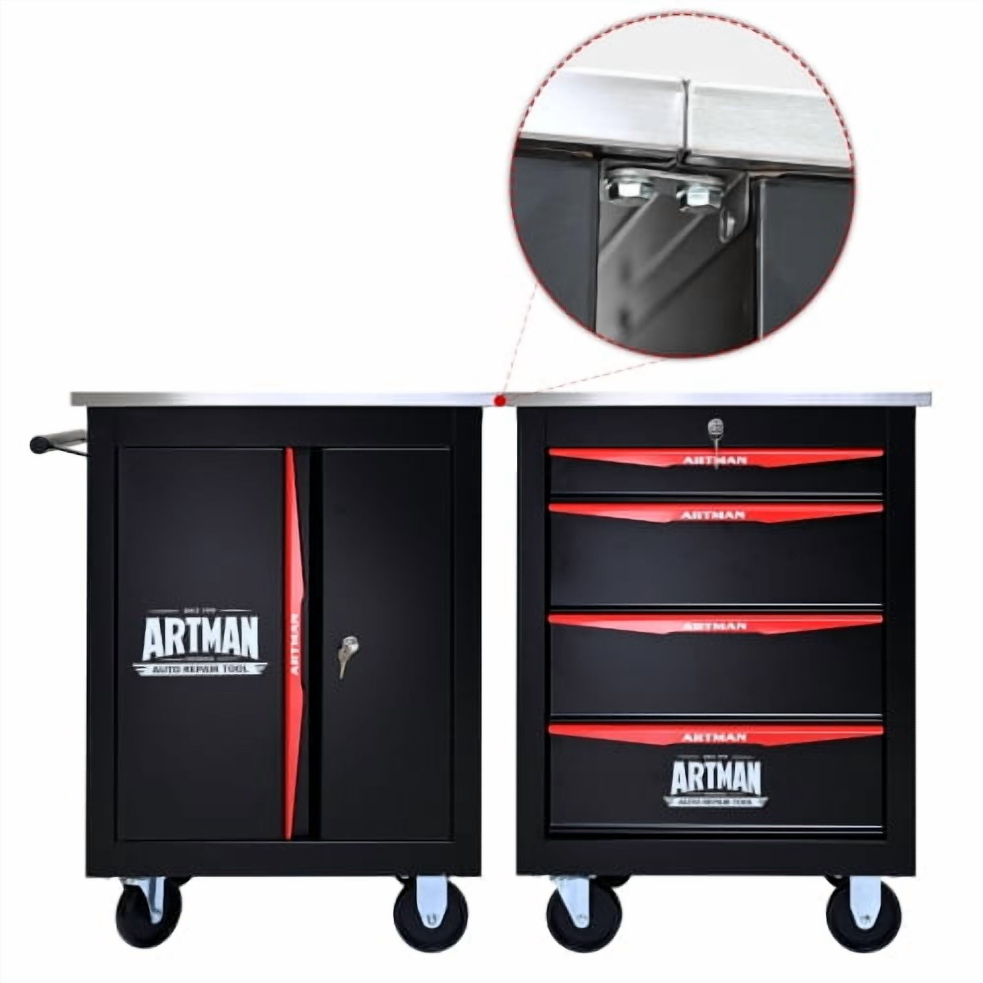 POVANLI Double Portable Tool Box With Wheels,Tool Chest With Key Locking Tool Boxes/Organizers Black&Red