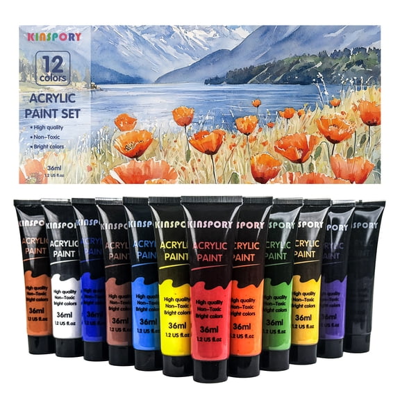 KINSPORY Acrylic Paints Set, 12 Colors*36ml Art Craft Paint, 4 Brushes, Premium Art Supplies Gifts for Artists Beginners on Canvas Wood Ceramic