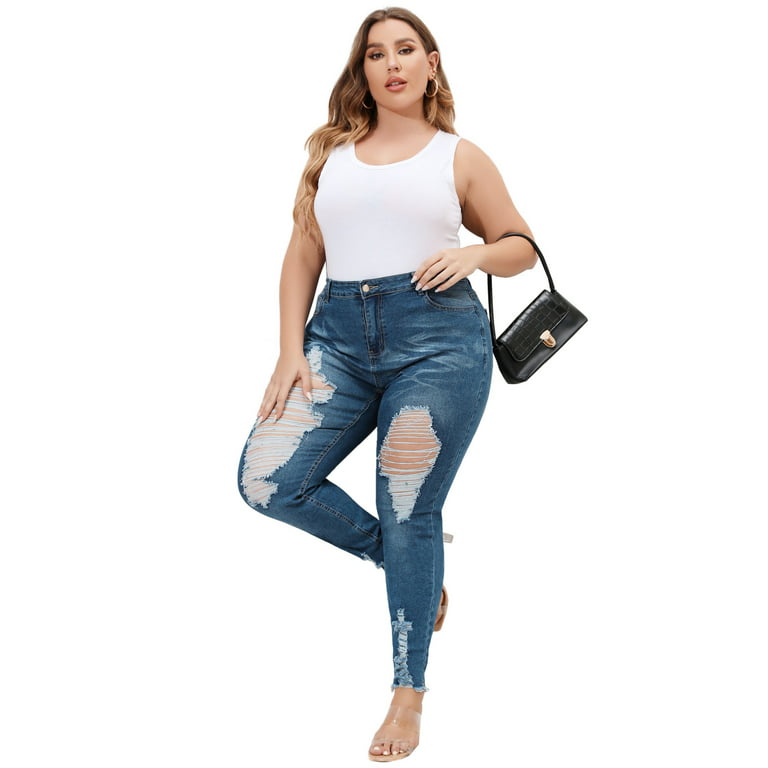 SpringTTC Women's Plus Size Slim Fit Hole Bagi Curve Destructed Ripped Jeans