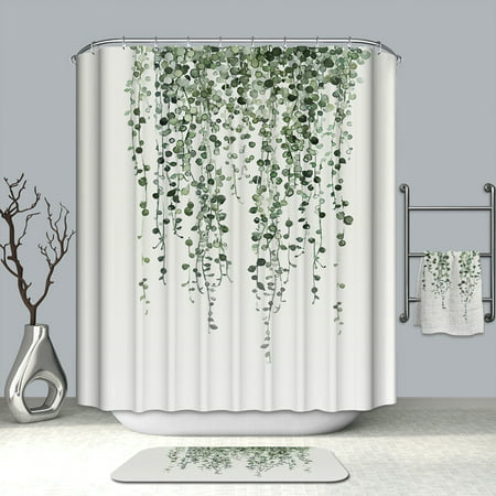 Ivy Fabric Shower Curtain With 12 Hooks, Green And White Shower Curtain