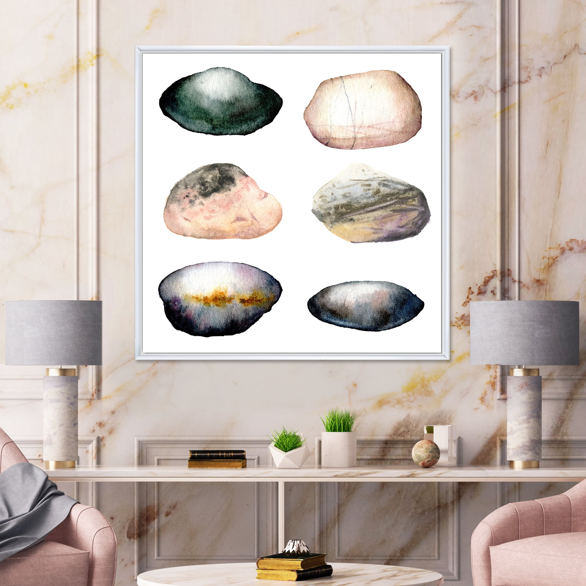 Designart 'Six Abstract Sea Stones On White' Nautical & Coastal Framed Canvas Wall Art Print