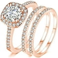 thumbnail image 4 of Silver Rose Gold Three-in-One Wedding Engagement Bridal Halo Ring Set, 4 of 7