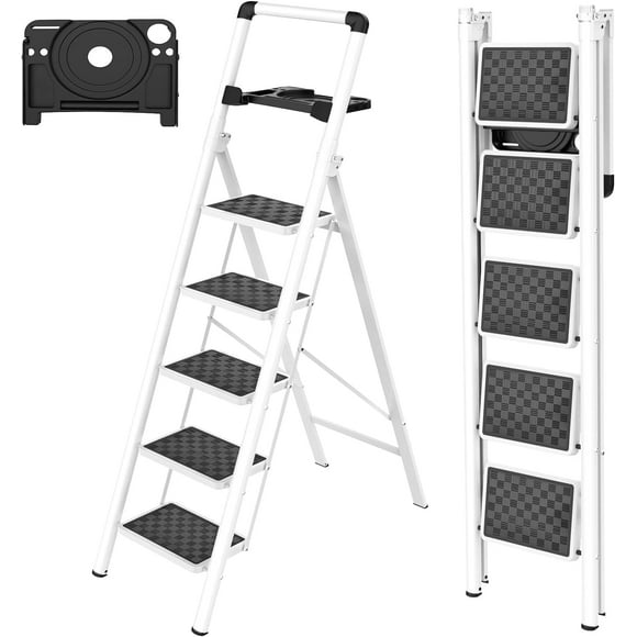 Step Ladder, 5 Step Ladder Folding Step Stool with Tool Platform, Portable Sturdy Steel Ladder for Adults Home Outdoor Kitchen Garage, Black