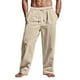 thumbnail image 1 of Pantalones largos de lino para hombre, de color liso, para primavera y verano, estilo fino, de imitación de lino, informales, rectos, con cordón ajustable, de color liso, 1 of 9