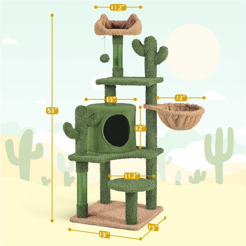 Yaheetech 53.1'' H Cat Tree Condo with Scratching Posts & Hanging Ball, Green/Brown