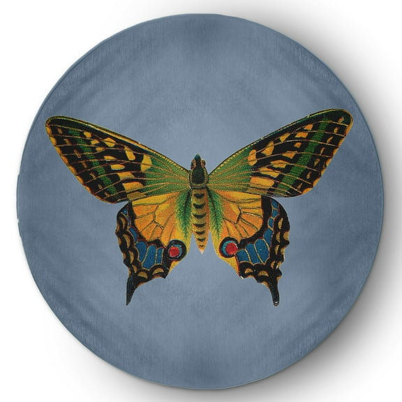 5' Round Simply Daisy Colorful Swallowtail Butterfly Novelty Chenille Area Rug, Dusty Smoke Blue