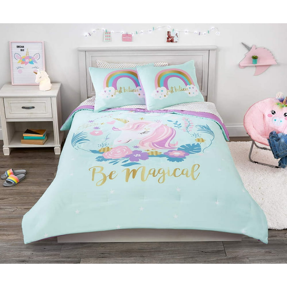 Magical Unicorns, Flowers & Rainbows Girls Twin/Full Comforter Set (3