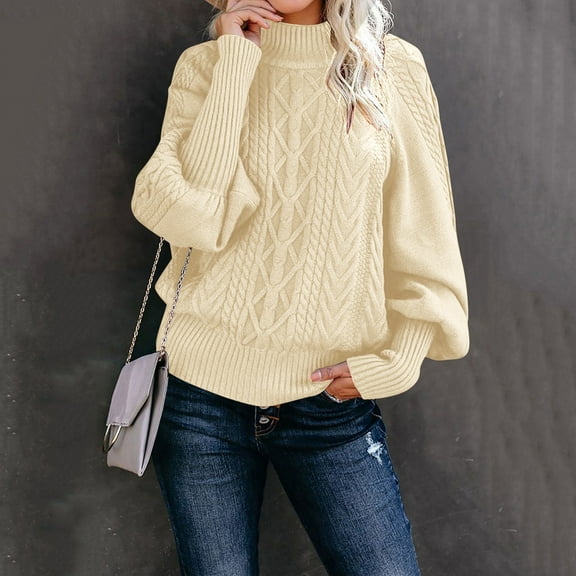 Cable Knit Sweater for Women High Neck Lightweight Sweaters Loose Solid Color Fall Long Sleeve Pullovers Top Winter Clothes