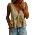 thumbnail image 2 of Women Sleeveless Ruffle Tank Tops Cotton Linen Pleated Peplum Vest Top Flowy Cropped Shirt Cute Summer Clothes,Khaki M, 2 of 6