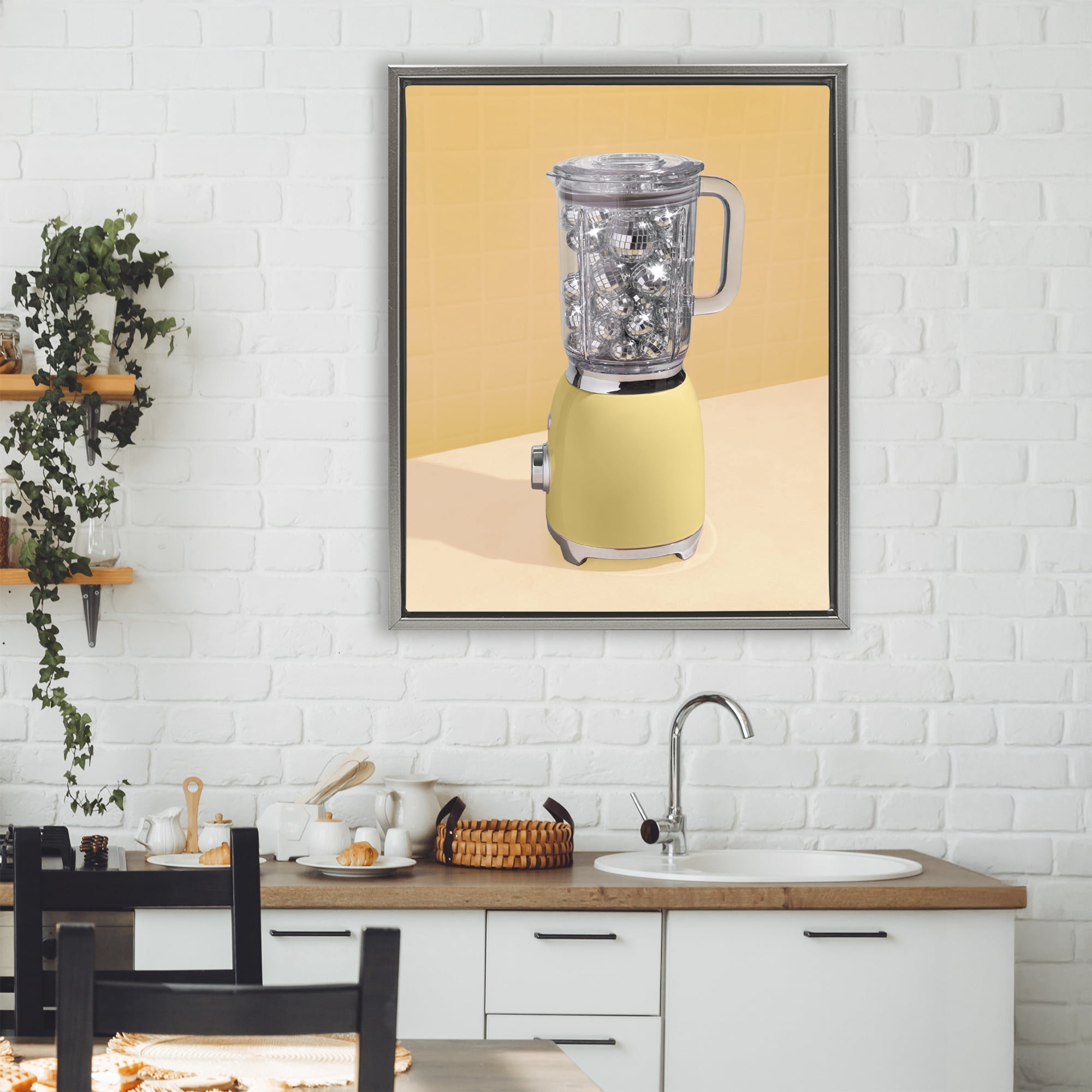 Stupell Industries Disco Drink Blender over Yellow Gray Framed Floater Canvas Wall Art, design by LISH Creative