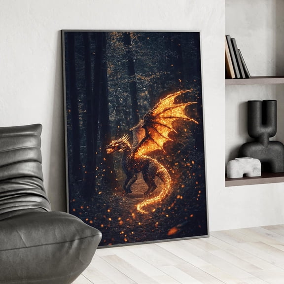 Glowing Dragon Forest Wall Art, Fantasy Adventure Decor, Unframed Paper Print Size 8x12