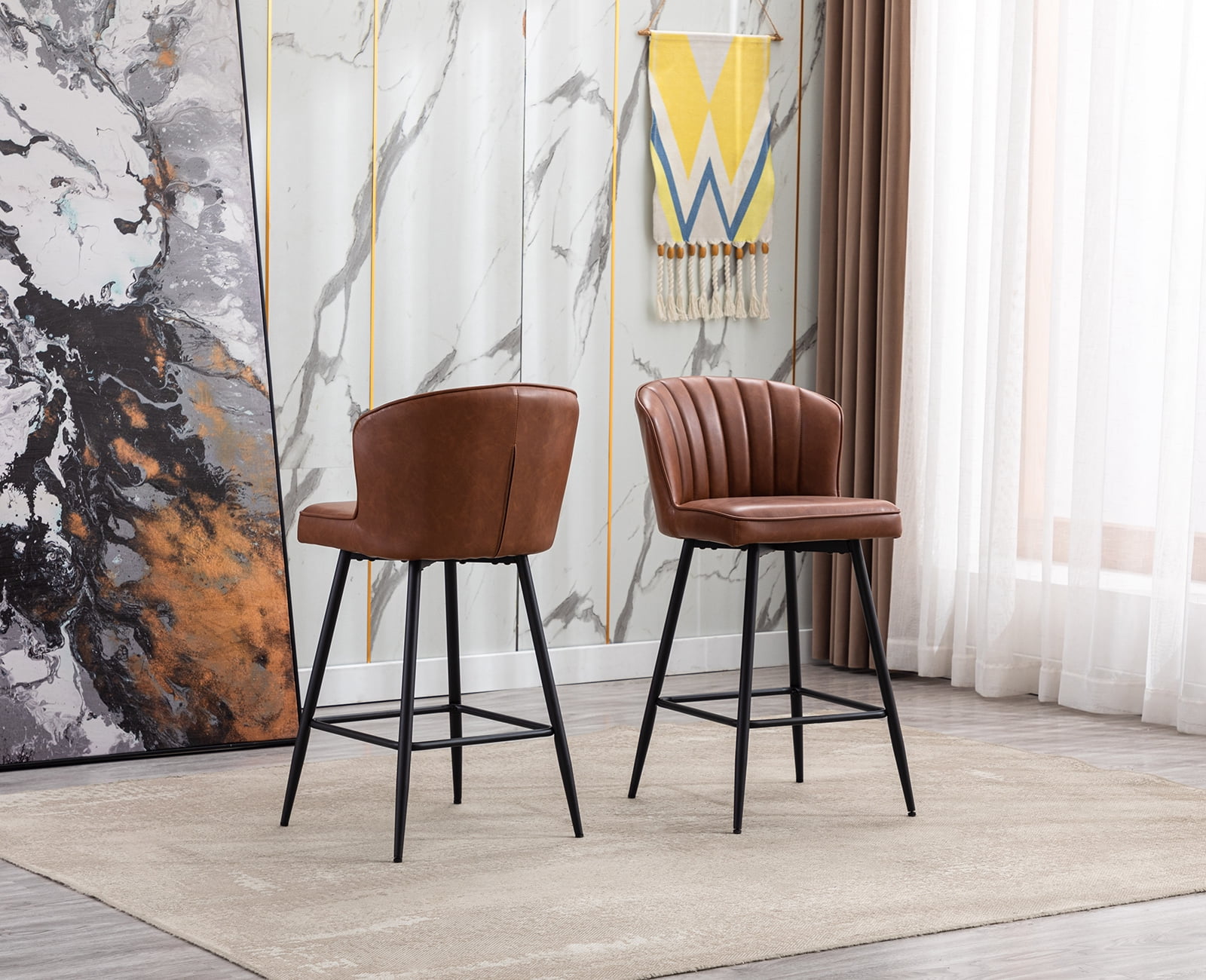 Guyou 26” Counter Height Bar Stools Set of 2, Modern PU Upholstered Kitchen Island Chairs, Barstools with Back and Footrest for Kitchen Island Pub Restaurant, Brown