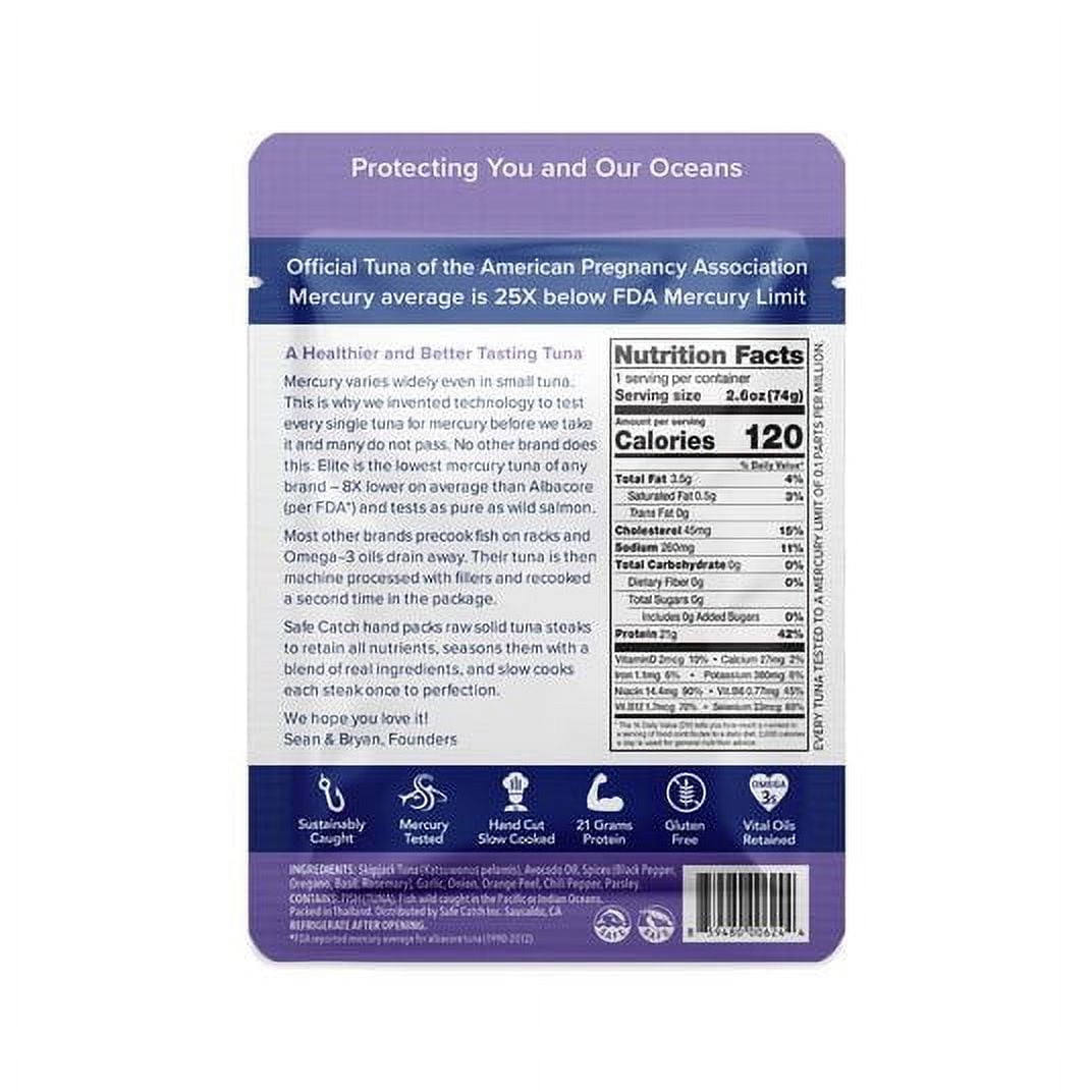 Safe Catch Seasoned Elite, Lowest Mercury Solid Garlic Herb Wild Tuna Steak, 2.6 oz Pouch (Pack of 12)