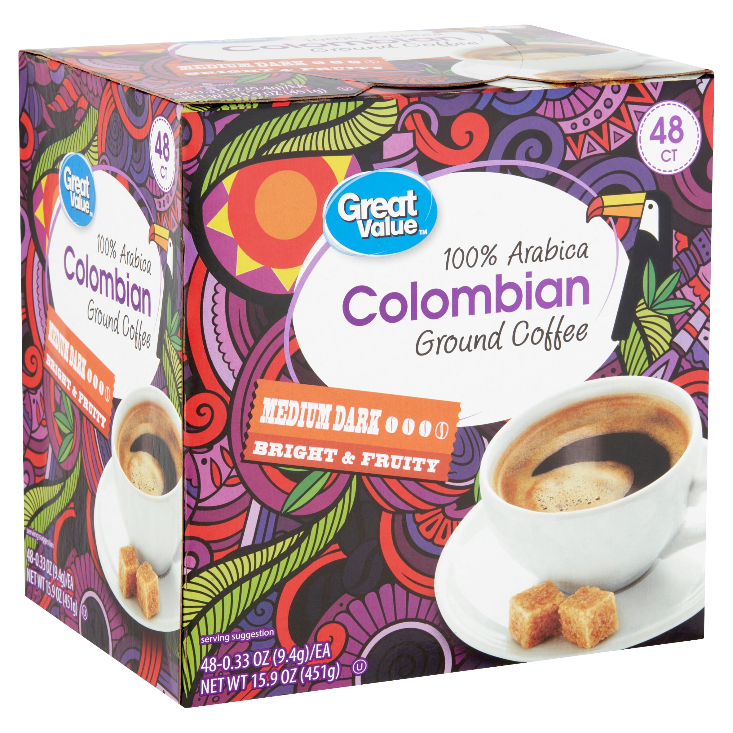 Great Value 100 Arabica Colombian Ground Coffee, 15.9 oz, 48 Count