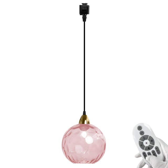 FSLiving Dimmable J Type Track Light Pendants Remote Control Modern E26 Socket Pink Water Ripple Glass Globe Chandeliers Art Shade 3.2 Ft, Track Mount Industrial for Kitchen Island Customizable