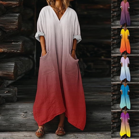 Miqool Womens Boho Maxi Dress 3/4 Sleeve V Neck Oversized Flowy Loose Gradient Caftan Dresses with Pockets