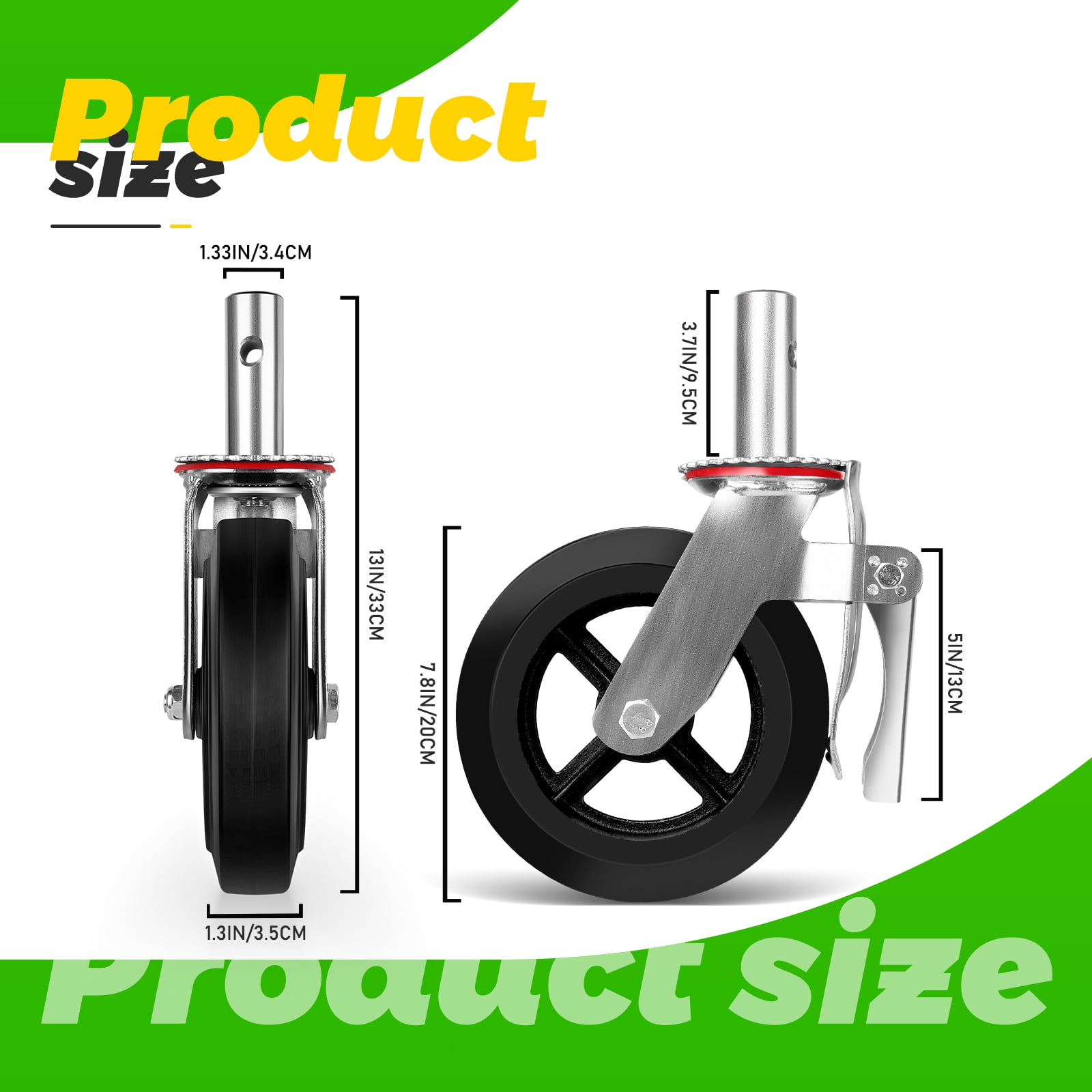 No Noise Wheels, 8 Inch Industrial Casters Set of 4, Locking Swivel Stem Casters Rubber Casters Heavy Duty Castors, Caster Wheels 4400lbs Load for Cart and Workbench