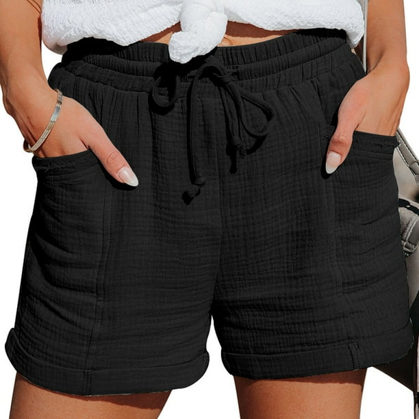 CEHVOM Women Summer Drawstring Elastic Waist Casual Solid Shorts Short Pants