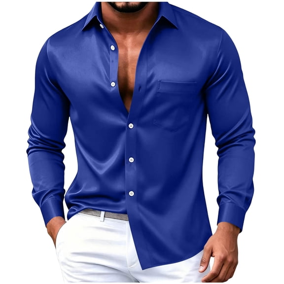 Hurxie Men's Satin Dress Shirt Silk Long Sleeve Button Up Shirts Prom Wedding Party Shirt Dark Blue,L