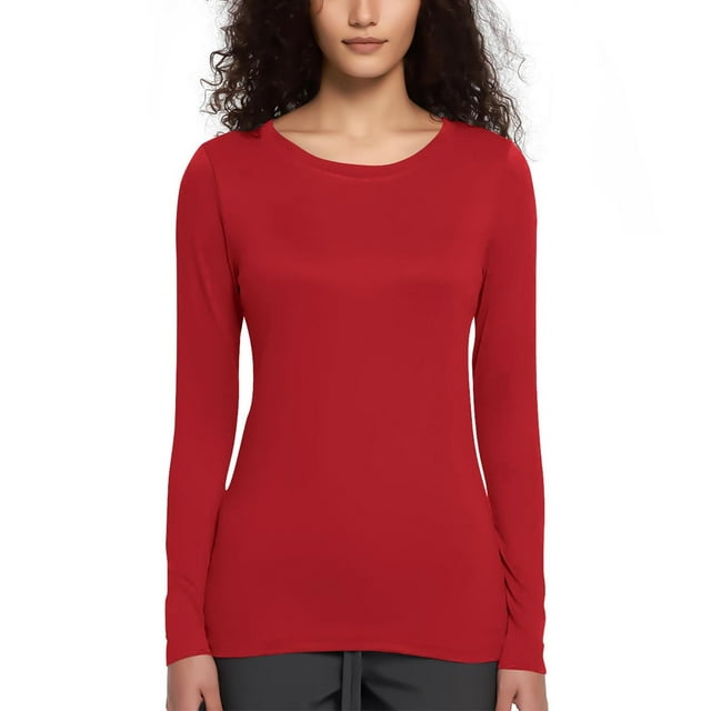 Hauts à Col Bateau pour Femmes Ndbuld Chemise à Manches Longues pour Femmes Infirmière Col Rond Givré Mince Confortable Col Rond Chemise à Manches Longues Liquidation d'Été, Rouge, G