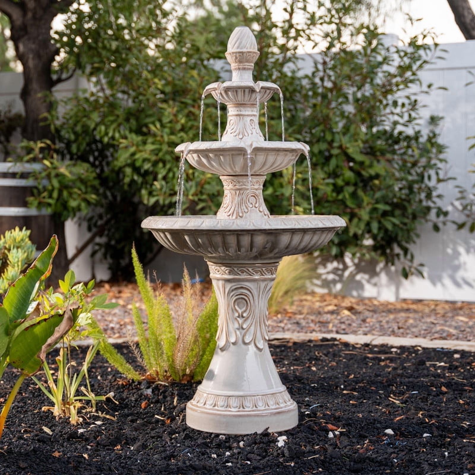 47 in H Freestanding Garden 3-Tiered Outdoor Waterfall Fountain w/Leaf Details, Ceramic, Beige