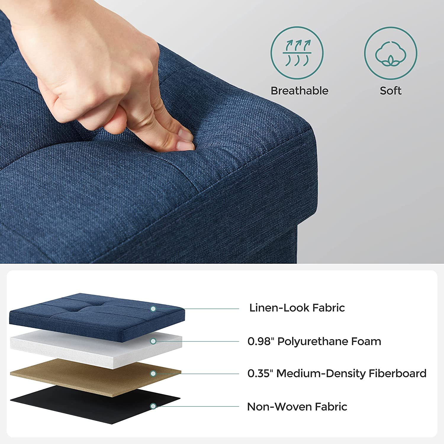 SONGMICS 43" Storage Ottoman Bench Folding Ottoman with Storage Hold up to 660lb Footstool for Living Room Navy Blue