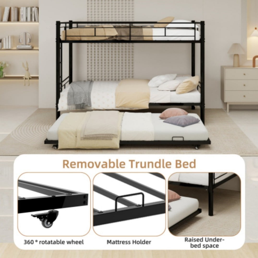 Twin Triple Bunk Bed, 3-in-1 Convertible Metal Bunk Bed Frame, Space-Saving Design with Guardrails & Ladder, Heavy-Duty Iron, Black