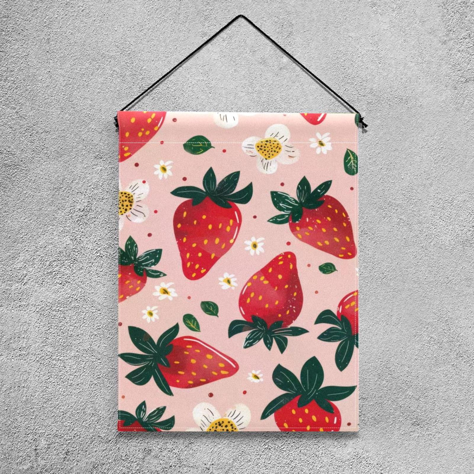 Strawberries and Cute Flower on Pink Background Double Sided Garden Flag Decorative Weather Resistant Yard Flag, Large DIY Vertical Flag for Farmhouse Patio Lawn, 28x40 Inch