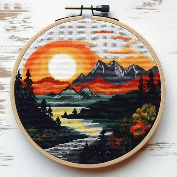 Counted Easy Cross Stitch Kits Landscape of Hills Color Stamped Embroidery for Starter Kits DIY 11CT Stamped Patterns Embroidery Needlework Kit Supplies 12 Inch Hoop Included(66-X)