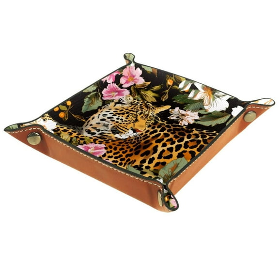 Women Girls Leather Square Dish Trinket Plate Jewelry Tray, Leopard and Flower Pattern Flag Mothers Day Birthday Gift, 20.5x20.5cm