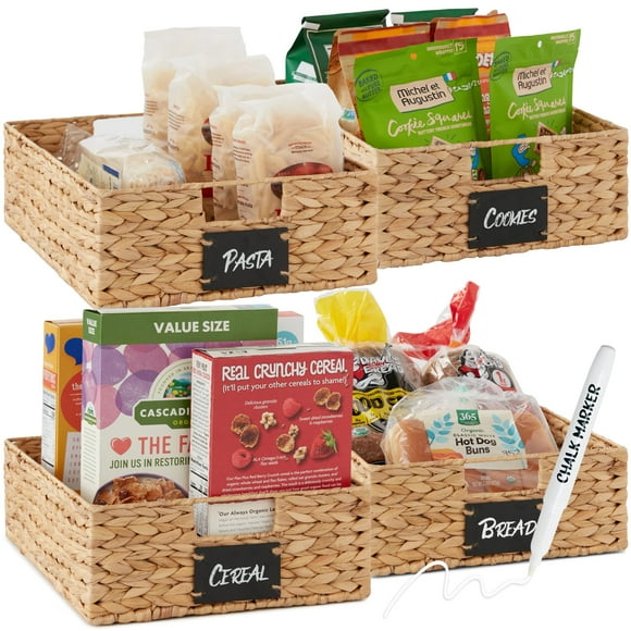 Best Choice Products Ensemble de 4 Grands Paniers de Garde-Manger en Jacinthe d'Eau 16x12 Po, Organisateurs de Cuisine Tissés avec Étiquette Tableau à Craie, Marqueur à Craie - Naturel