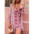thumbnail image 2 of Femmes Robe Imprimée Florale Vintage, Profonde V Cou 3/4 Manches avant Split Vacances Midi Robe, 2 of 4