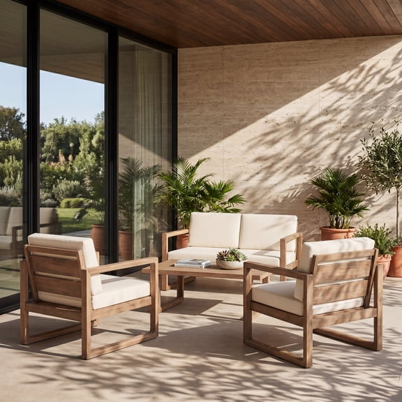 FFZ 4-Piece Acacia Wood Patio Furniture Set with Water-Resistant Cushions, Brown Beige