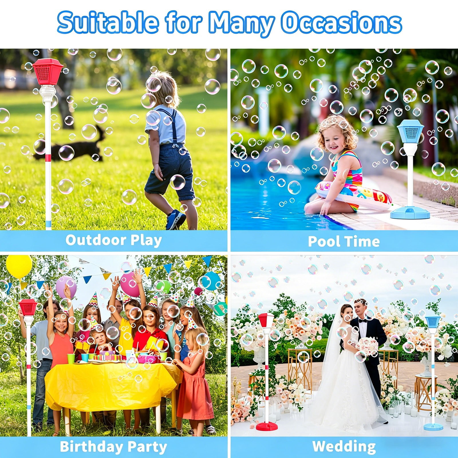 Bubble Machine, Rechargeable Standing Automatic Bubble Blower Maker with Lights and Music, Detachable Bubble Torch for Outdoor Wedding Party Decor, Adjustable Height, Bubble Solution Included, Blue