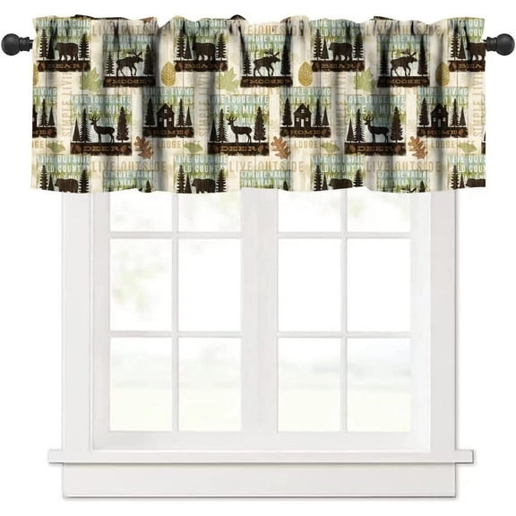 Retro Rustic Valance, Lodge Bear Moose Deer Pine Tree Vintage Farmhouse Style Window Curtain Valance for Bedroom Kitchen Living Room, One Panel 54x18in