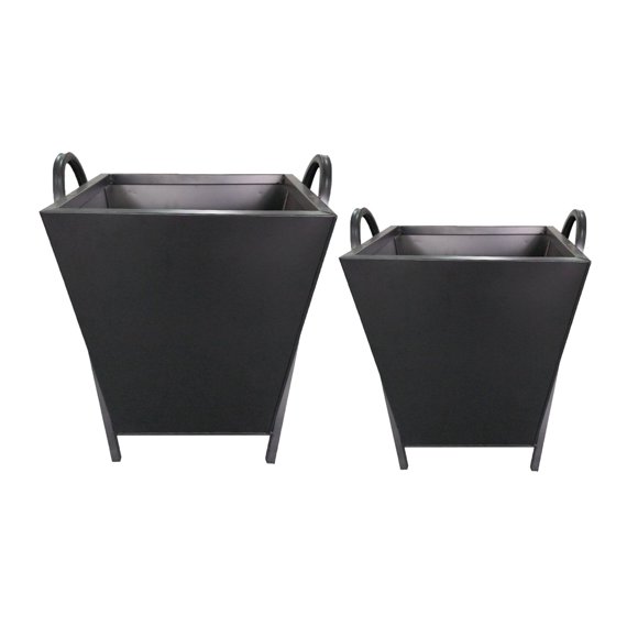 Set Of 2 Matte Black Square Metal With Handles Planters